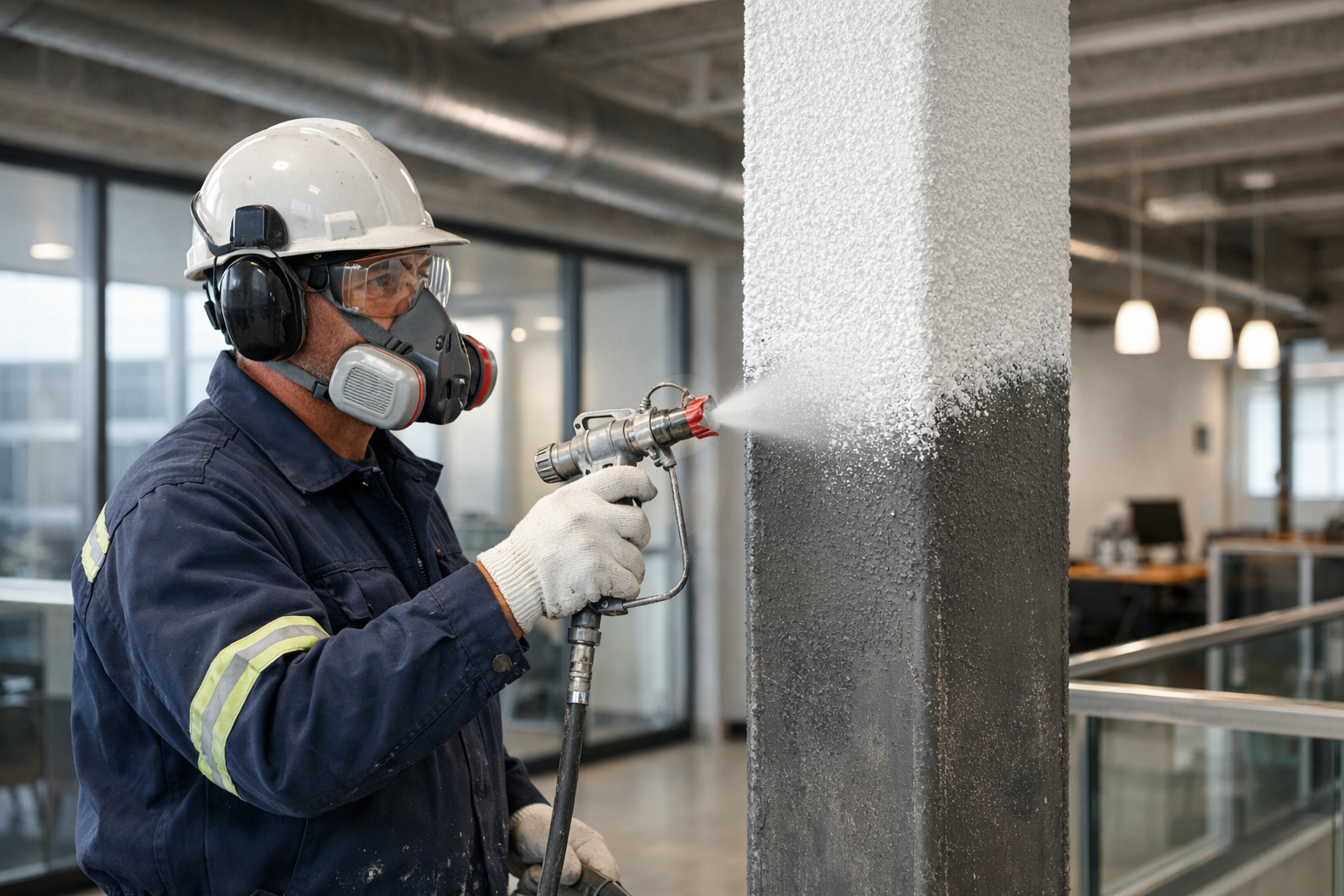 Intumescent fireproofing coating on exposed architectural steel in a Toronto office